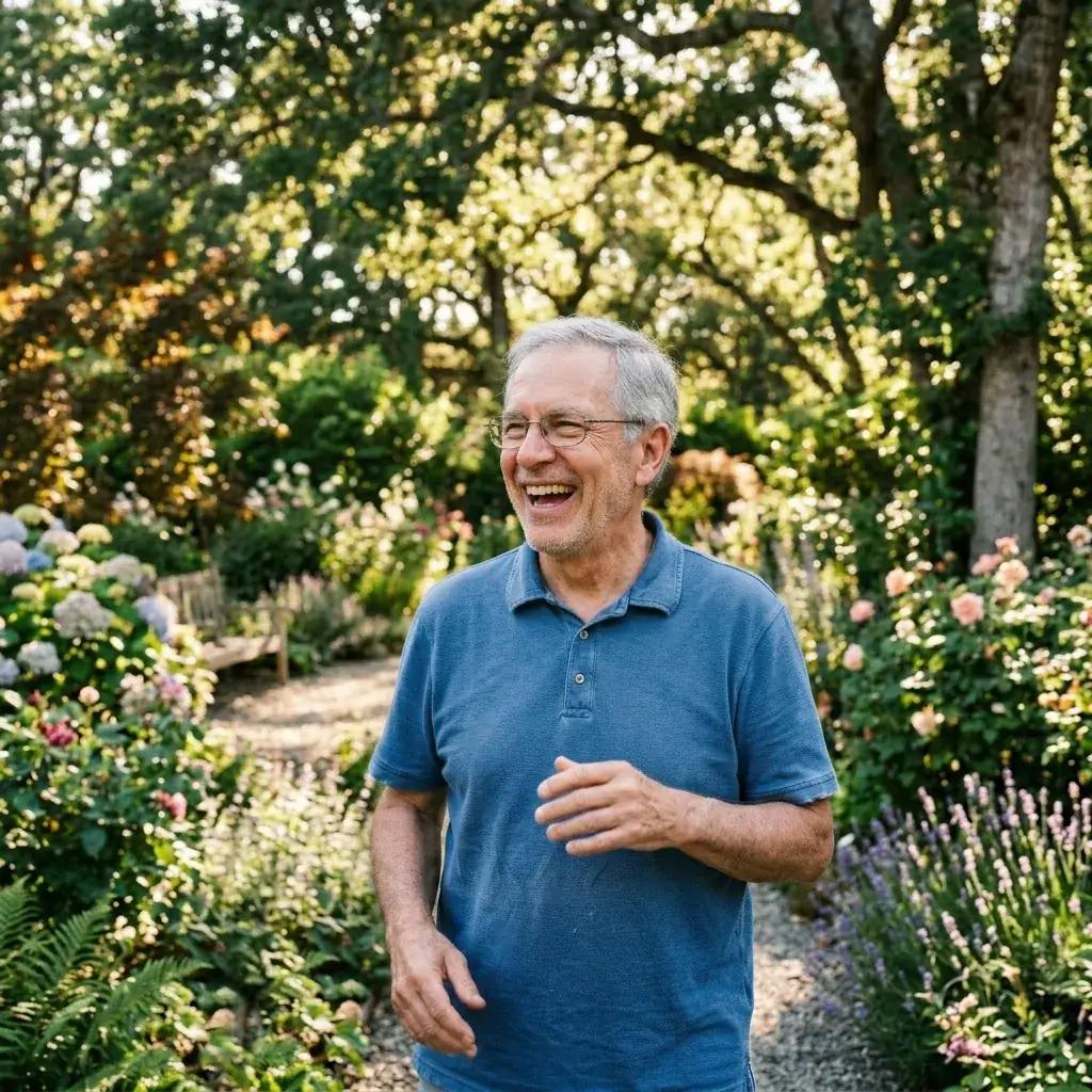 Man relaxed in a garden after using Memodyne cognitive support supplement