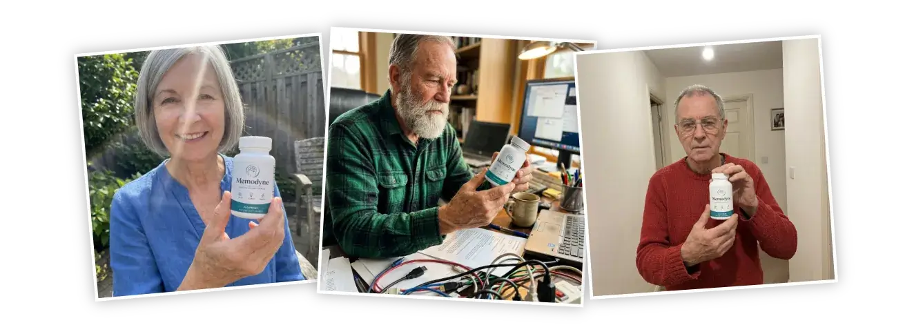 Collage of customers holding their Memodyne supplement bottles at home